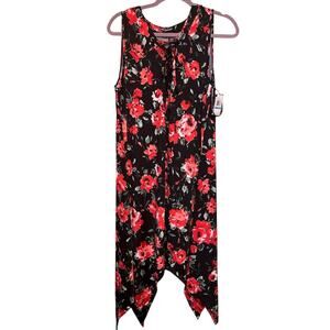 Nina Leonard Red & Black Floral Lace Up Handkerchief Dress - XL